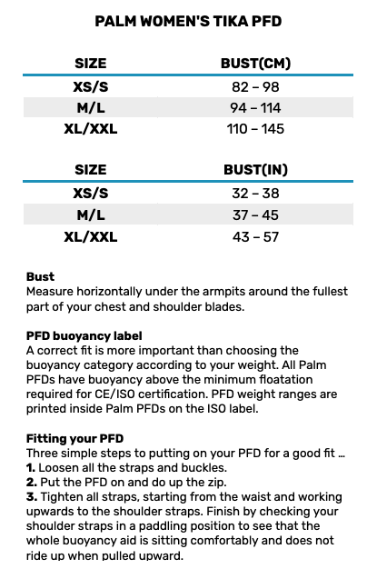 2025 Palm Womens Tika PFD 2 0 Size Chart